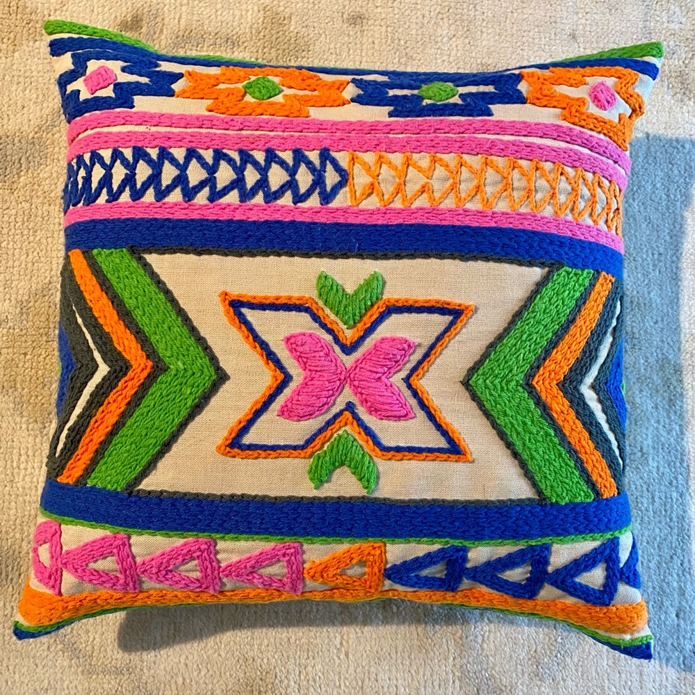 CB2 16” kilim neon tribal embroidery throw pillow